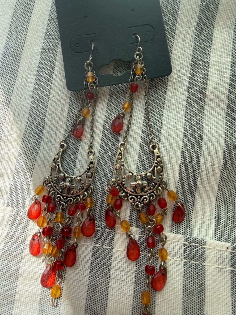 Bohemian Red & Amber Beaded Chandelier Earrings